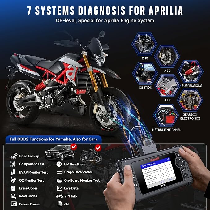 iCarsoft MT V6 Motorcycle OBD2 Scanner for Aprilia, Full-System Motorcycle Bidirectional Diagnostic Tool with 88 Resets & 122 Active Test, Battery Test, 2 in 1 Motor Scan Tool+Car OBD2 Diagnostics