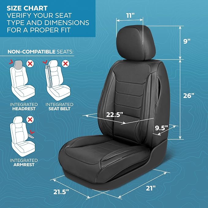 MotorBox Elite Edition Faux Leather Seat Covers for Cars, Trucks, & SUV - 2 Black Car Seat Covers for Front Seats - Universal Fit Car Accessories Automotive Interior Cover Protector for Most Vehicles