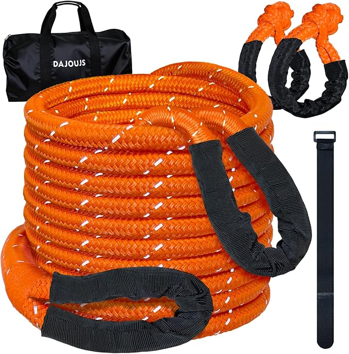 Kinetic Recovery Tow Rope 7/8" x 30ft Tow Strap 48500lbs Snatch Strap with 2Pcs Soft Shackles 56000lbs Break Strength Heavy Duty Kinetic Towing Rope for Truck ATV UTV Offroad Recovery Rope Kit