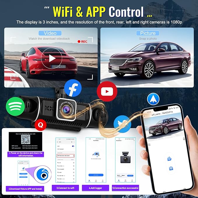 NHOPEEW 4 Channel Dash Cam 360° Coverage: Front 2K + Triple 1080P Car Camera Built-in WiFi Car Camera with App, Front Rear Left Right Inside with G-Sensor/Night Vision/Loop Recording + 64GB Card