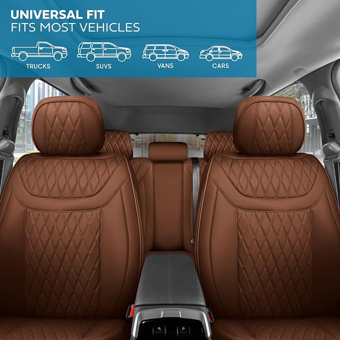 MotorBox Creekstone Series – PU Leather Car Seat Covers Full Set, Cross-Stitch Edition Leather Seat Covers, Diamond Stitched PU Leatherette Brown Seat Covers for Cars Trucks SUVs