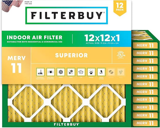 Filterbuy 12x12x1 Air Filter MERV 11 Superior Pet & Allergy Defense (12-Pack), Electrostatic Pleated HVAC AC Furnace Filters Replacement (Actual Size: 11.75 x 11.75 x 0.75)