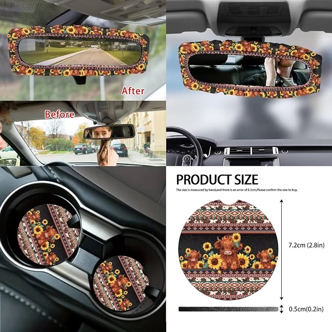 Highland Cow Print Car Seat Cover Sets Full Set Aztec Sunflower Print High Back Seat Covers with Steering Wheel Cover Armrest Cushion Safety Belt Pads Trash Can for Truck Sedan SUV