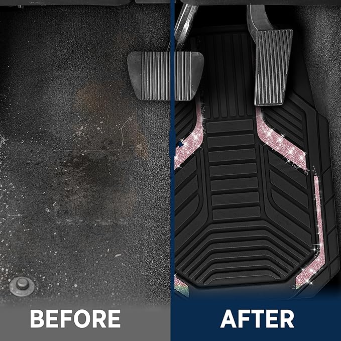 PIC AUTO Car Floor Mats, Pink Sparkly Crystal Bling Glitter Car Mats Set, Front and Rear Heavy Duty Rubber Car Mats with Anti-Slip Backing, All Weather, Trim-to-Fit for SUVs, Trucks, Sedan, Vans