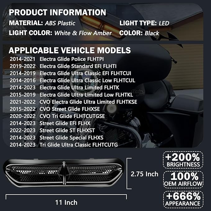 Motorcycle LED Fairing Vent Light, Windshield Vent Lights, Fits For 2014-2023 Harley Touring Street Glide, Electra Glide | Turn Signal Light & Running Light | Windshield Vent Trim