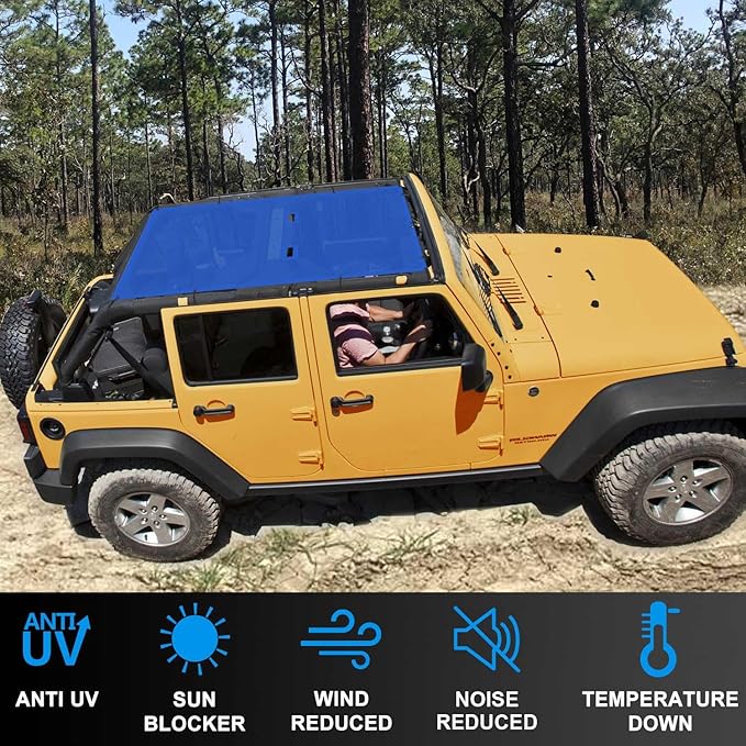 JK Sun Shade Top Compatible with Jeep Wrangler 4 Door 2007 to 2018 Sunshade Sunroof Bikini Cover Blocks UV Wind Noise Blue Mesh for Full Length