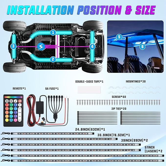 Nilight 6PCS Golf Cart Underbody Light Kit with Canopy Lights RGB Multi-Mode LED Neon Accent Lighting Lamp APP Remote Control Sound Active Music Sync IP67 Waterproof 12V-66V for EZGO Yamaha Club Car