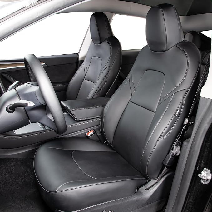 Nappa Leather Car Seat Covers Fit for Tesla Model Y 2017 2018 2019 2020 2021 2022 2023 2024, Soft and Comfortable, Easy to Clean.Reserved Seat Belt Hole-Black
