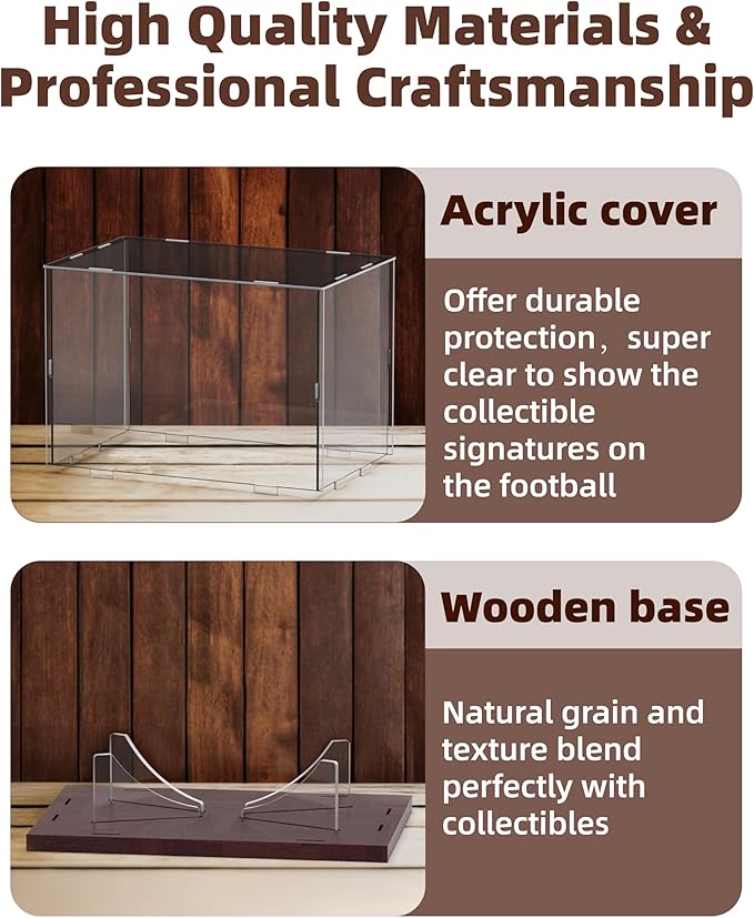 Fitense Football Display Case Acrylic Clear, Football Stand Holder Full Size with Solid Wood Base, UV Protected Football Display Box with Removable for Football Fans & Collectors, Memorabilia & Gift