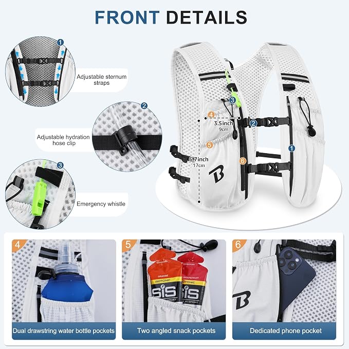 BECOJADDE Running Vest Hydration Backpack for Men Women, 5L Lightweight Running Backpack Hydration Pack for Marathon, Trail, Cycling, Hiking, Jogging