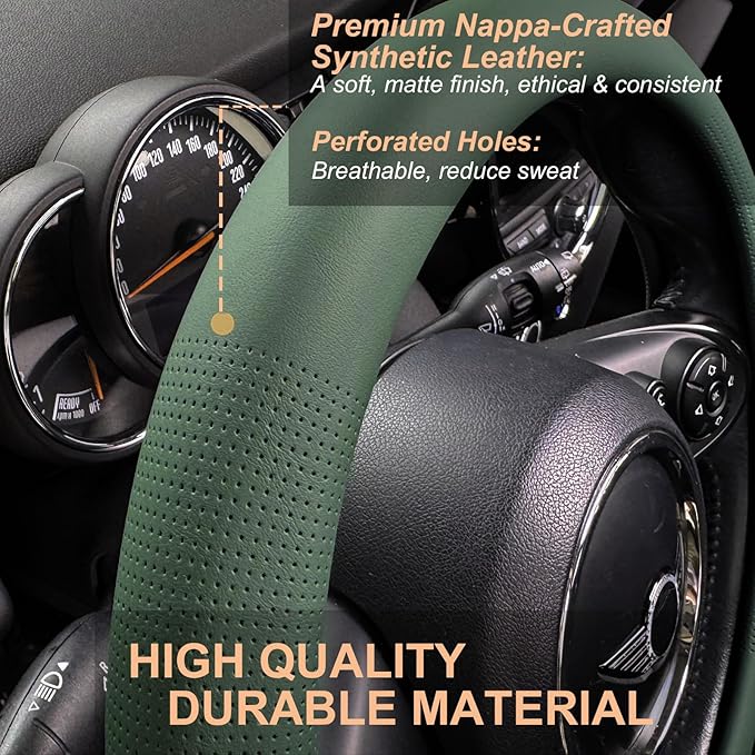 PINCTROT Large Size Nappa Leather Steering Wheel Cover, Slim Fit No Bulk Design, One Piece Leather with Breathable Perforation, Fit Like Gloves, 15.5-15.75 Inch(Nappa Green)