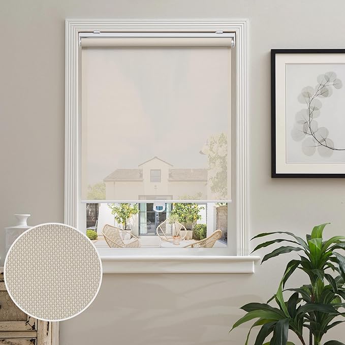 AOSKY Cordless Roller Shades for Windows Light Filtering Shades with 5% Openness Solar Screen Semi Sheer Roller Blinds UV Protection for Office and Home. Easy to Install 26" W x 72" H (Beige)