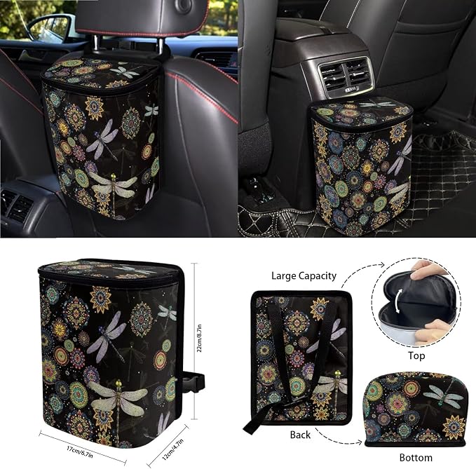 Boho Mandala Dragonfly Print Car 15pcs Accessories, Front and Back Seat Covers for Cars Steering Wheel Pad Seat Belt Cushion Trash Can Coasters Universal Fit