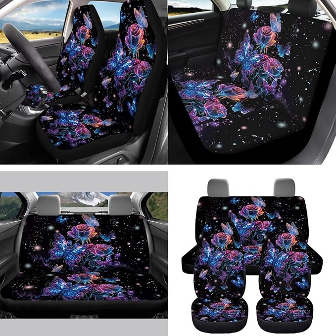 15 Pcs Rose Butterfly Car Seat Cover Full Set for Women with Car Steering Wheel Cover Seat Belt Cover Trash Bin Front Rear View Mirror Car Cup Holder Keychain