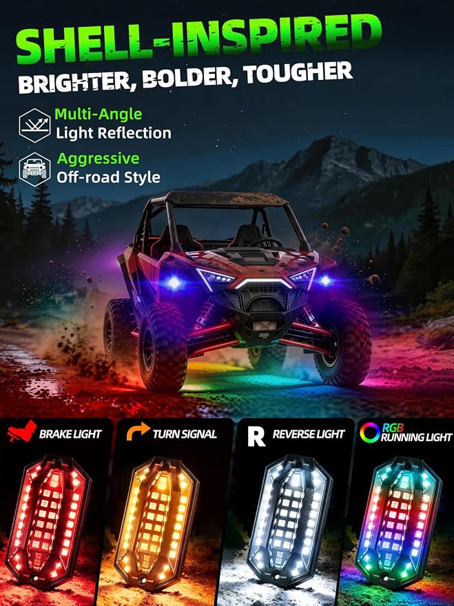 4 Pods RGB LED Rock Lights Aluminum 3D Multi-Sided Lighting w/Brake Turn Signal Reverse Mode, APP & Remote Control Music Voice Sync Underglow Lights for Trucks Offroad Utv Waterproof