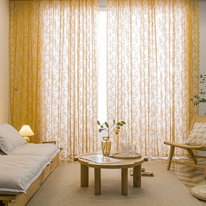 Sutuo Home Gold Lace Curtains 96 Inches Long 2 Set, Sheer Panels Floral Embroidery Vintage Voile Window Treatment Pair for Bedroom Living Room Kitchen, Retro Christmas Decor Rod Pocket, W57 x L96
