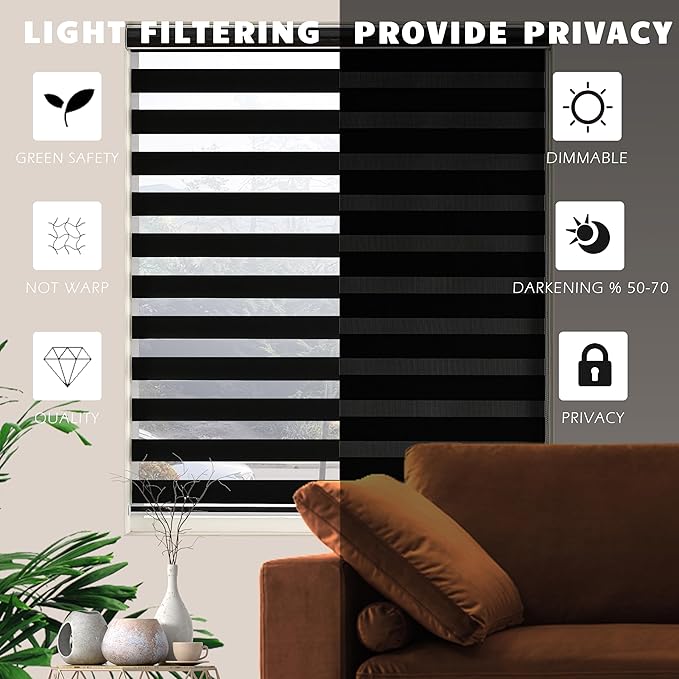 Custom Size Blackout Zebra Blinds, Dual Layer Free-Stop, Room Darkening Zebra Shades, Blinds for Indoor Windows, Light Filtering Privacy Sheer Shade for Home(20" W X 72" H, Black)