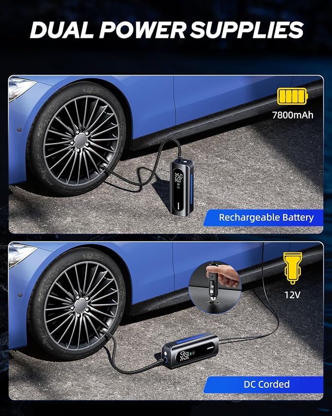 AUTOONE Tire Inflator Portable Air Compressor - 4X Faster 150PSI Cordless Air Pump with Digital Tire Pressure Gauge, 12V Car Power Adapter - for Car Motorcycle Bike Ball and More