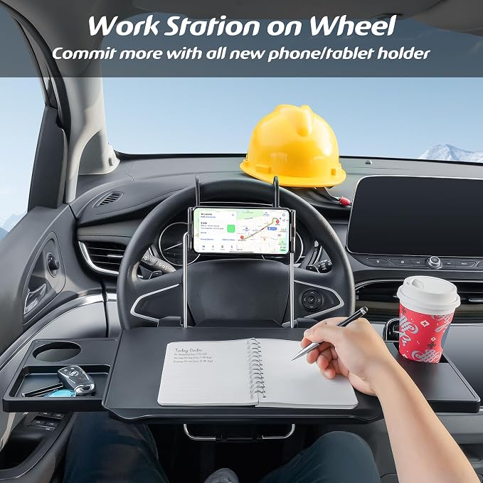 Paffenery Large Car Steering Wheel Tray Back Seat Headrest Tray with Phone Holder, Steering Wheel Desk Food Table for Car Laptop Mount Steering Wheel for Large SUVs, Trucks & Vans,18"