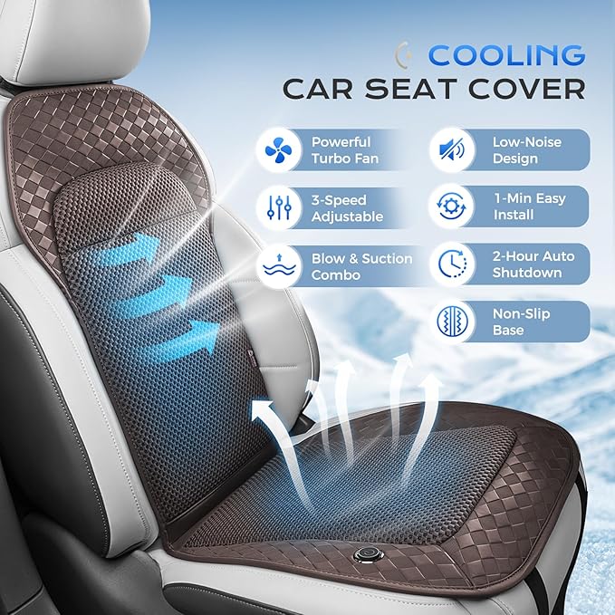 Coverado Summer Ventilated Car Seat Cushion, 12V-24V Dual Blowing & Suction Cooling Pad with 8 Turbo Fans, 3-Speed Adjustable Universal Fit for Car, SUV, Truck & Van - Brown