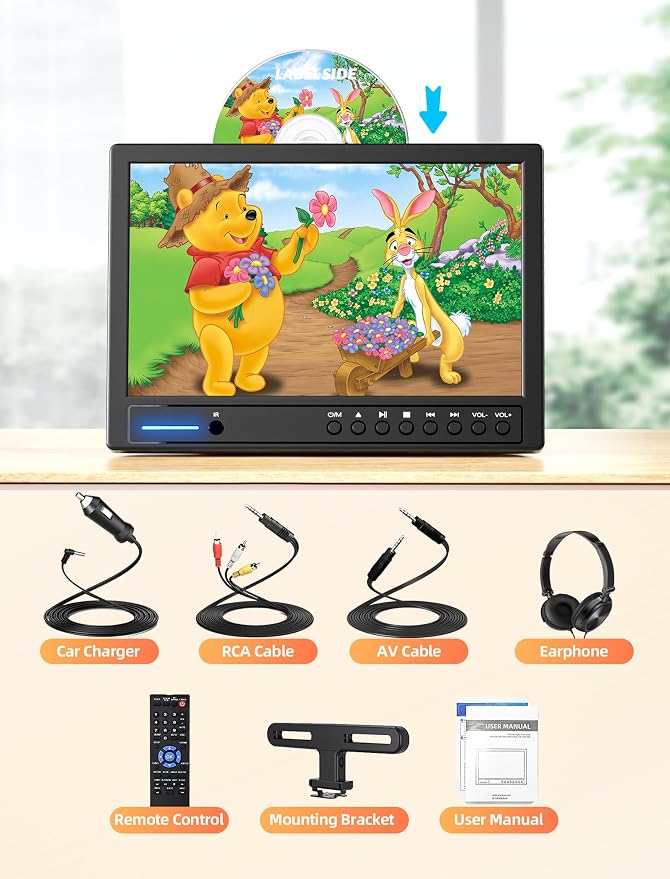 Arafuna 12" Portable DVD Player for Car with Headphone, Car DVD Player with Headrest Mount, Suction-Type Disc in, Headrest DVD Player Support HDMI Input, AV in/Out,1080P Video, USB/SD Card Reader