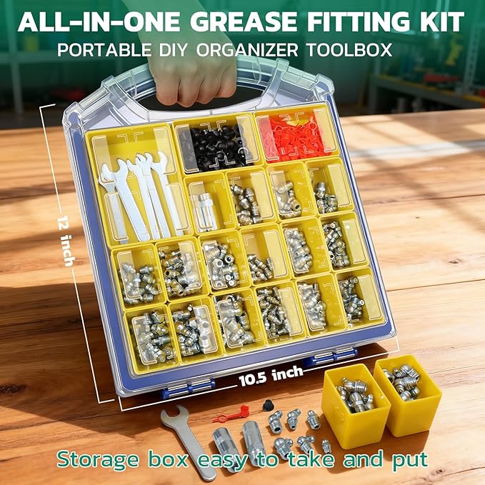 OURU Grease Fittings Assortment Kit with DlY Tool Storage Box Organizer, 330PCS SAE & Metric Grease Zerk (Straight/45°/90°) with Standard Couplers, Dust Caps & 7-11mm Wrench Set for Grease Gun