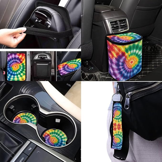 Tie Dye Car Seat Covers Full Set of 17 Pcs,Rainbow Tie Dye Car Accessories Sets with Rear View Mirror Cover,Auto Headrest Covers,Armrest Pad,Car Trash Can with Lid for Women Man