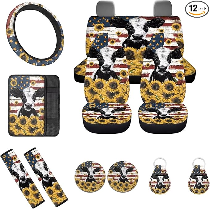 12 Pcs Cow Sunflower American Flag Car Seat Covers Full Set for Women Men,Independence Day Patriotic USA Flag Auto Seat Protection +Steering Wheel Cover+Keyring Armrest Pads+Seatbelt Pads