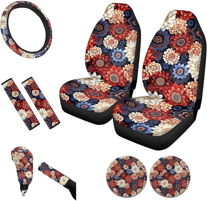 Tupalatus 9 Pieces Bohemian Flower Car Seat Covers 2 Front Seats Universal Fit Steering Wheel Cover Auto Seat Belt Cover Coasters Gear Shift Cover Hand Brake Cover Car Interior Accessories