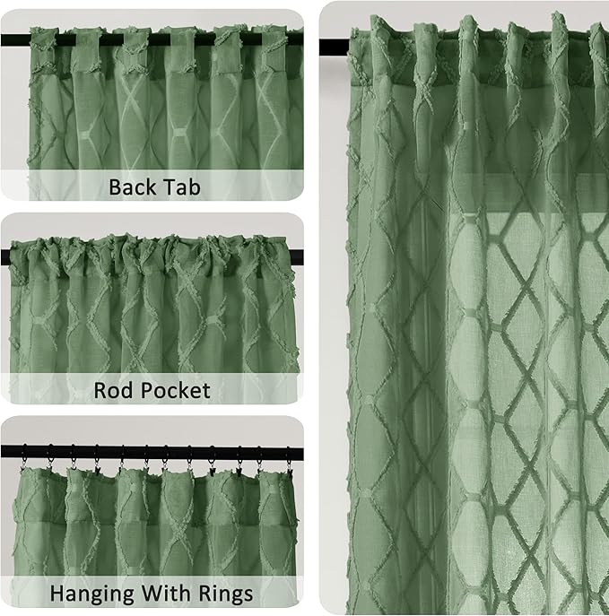 Extra Long Olive Green Sheer Curtains 102 Inch Length for Living Room 2 Panels Back Tab Drak Green Embroidered Tuft Pom Farmhouse Boho Privacy Curtain for Nursery Bedroom Sliding Glass Door 52x90