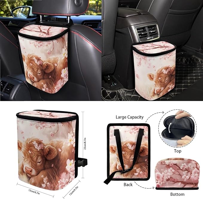 Highland Cattle Cherry Blossom Print 15 Pack Car Seat Covers Set with Steering Wheel Cover Seatbelt Strap Cover Rearview Mirror Covers Cup Coasters Air Vent Storage Bag Trash Bag Key Chain