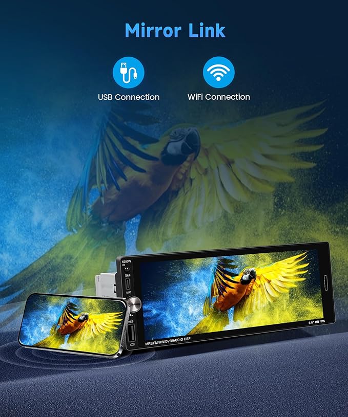 6.9 Inch Single Din Car Stereo with Wireless CarPlay/Android Auto/Mirror Link,1 Din IPS Touchscreen Car Radio Bluetooth Handsfree FM Type-C USB EQ Reverse Camera SWC