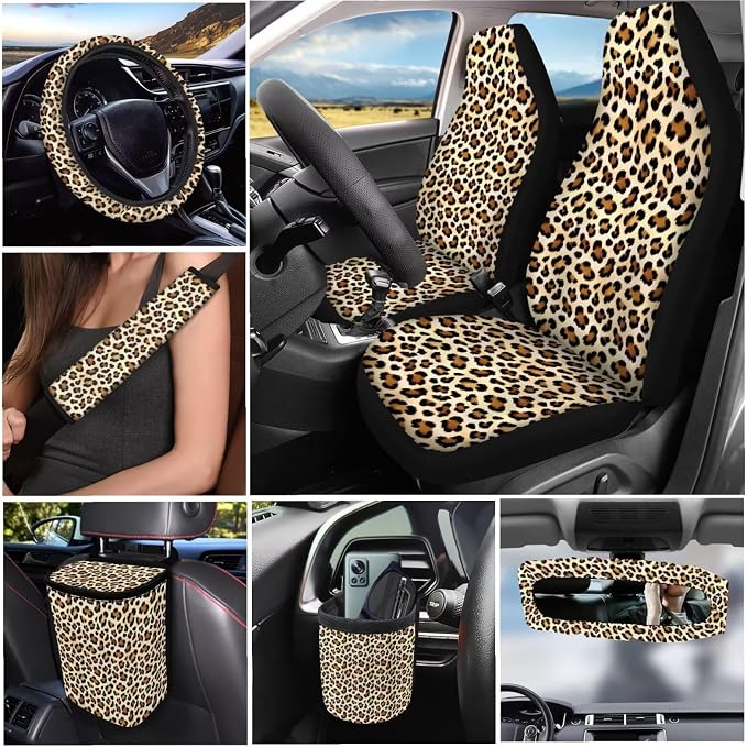 Dreaweet Leopard Print Seat Covers for Cars Front and Back,15 Pcs Cheetah Car Accessories,Leopard Steering Wheel Cover Seat Belt Pads Coasters Trash Can Vent Storage Bag Rearview Mirror Cover Keychain