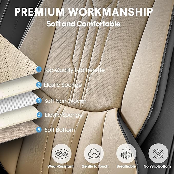 AOOG Seat Covers Custom Fit for Dodge Ram 1500/2500/3500 2002-2026 Faux Leather Seat Cover Set Compatible with Crew, Regular, Quad, Mega Cab, Waterproof Car Truck Cushions(BeigeBlack, Front Seat)