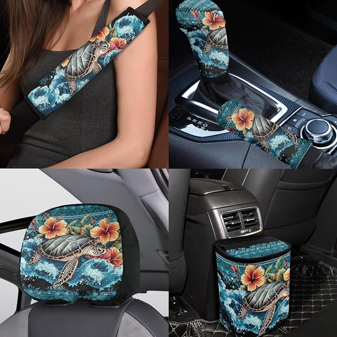 BIGCARJOB Floral Sea Turtle Print Car Seat Covers - Full Set with Rear & Front Seat Protectors, Headrest Covers, Trash Can - 15 Pack