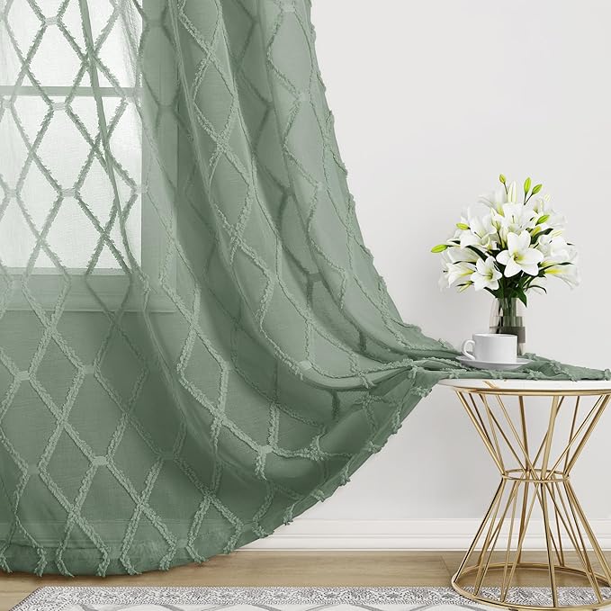 Hokibero Desert Sage Sheer Curtains 96 Inch Length for Living Room 2 Panels Back Tab Rod Pocket Boho Farmhouse Drapes Light Filtering Privacy Embroiderd Textured Rustic Curtain for Bedroom 52x96