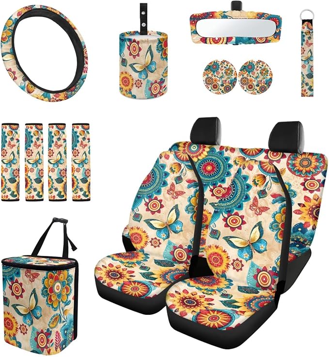 Boho Floral Butterfly 15 PCS Car Seat Cover Set with Auto Steering Wheel Cover Seat Belt Strap Protector Cup Holder Trash Bag Rear View Mirror Protector Keychain