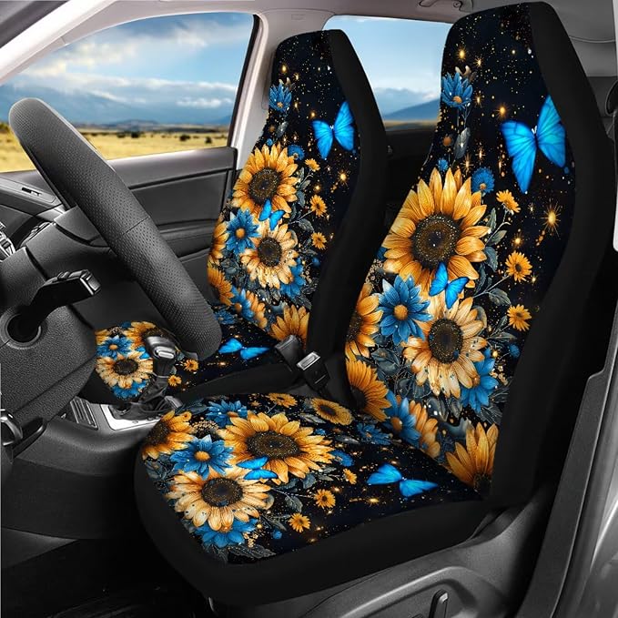 Butterfly Sunflower Print Car Seat Covers Full Sets 18 Pcs Universal Car Interior Accessories Sets Sunflower Print Steering Wheel Car Covers Auto Trash Can Car Headrest Covers Seat Belt Pads