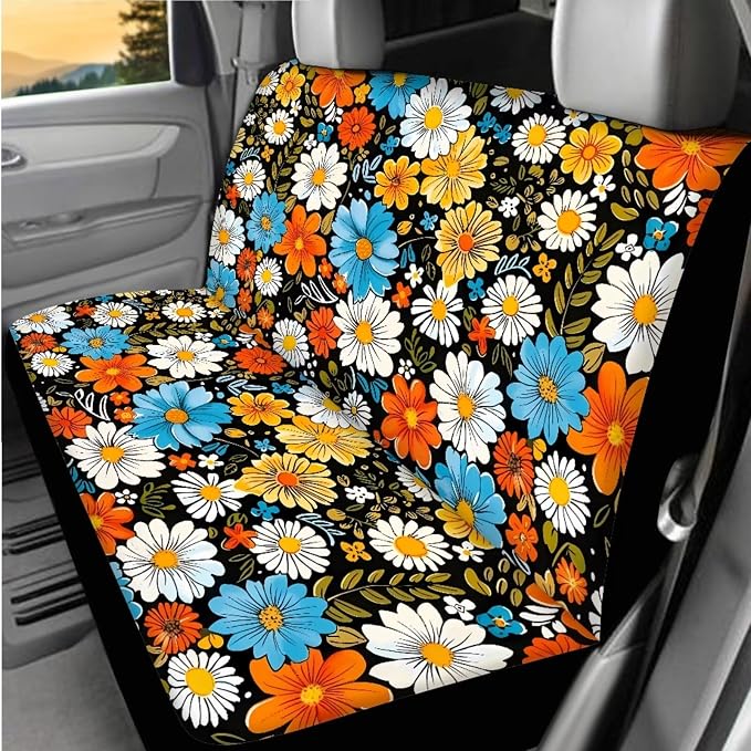 BIGCARJOB Hippie Daisy Print Car Seat Cover Set of 12 Pieces Stylish Daisy Print Car Accessories Set with Seat Belt Cover,Armrest Pads,Cup Holder Coaster,Universal Steering Wheel Covers