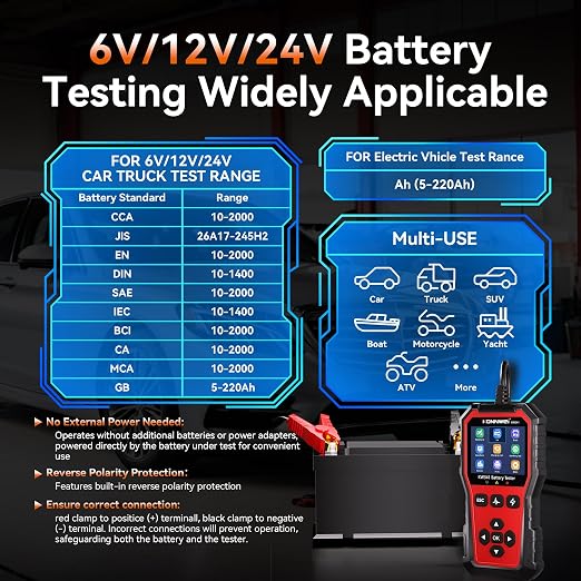 KONNWEI KW341 Car Battery Tester 6V 12V 24V Automotive Battery Load Tester Digital Battery Analyzer for Motorcycle Car Truck, Test SOH SOC CCA Resistance Voltage, Cranking Charging System Print