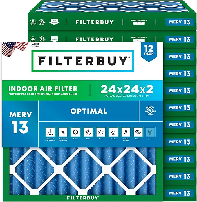 Filterbuy 24x24x2 Air Filter MERV 13 Optimal Smoke & Allergy Defense (12-Pack), Electrostatic Pleated HVAC AC Furnace Filters Replacement (Actual Size: 23.38 x 23.38 x 1.75)