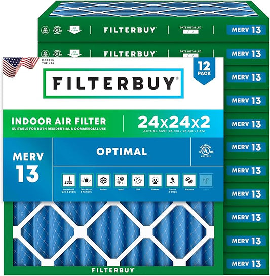 Filterbuy 24x24x2 Air Filter MERV 13 Optimal Smoke & Allergy Defense (12-Pack), Electrostatic Pleated HVAC AC Furnace Filters Replacement (Actual Size: 23.38 x 23.38 x 1.75)
