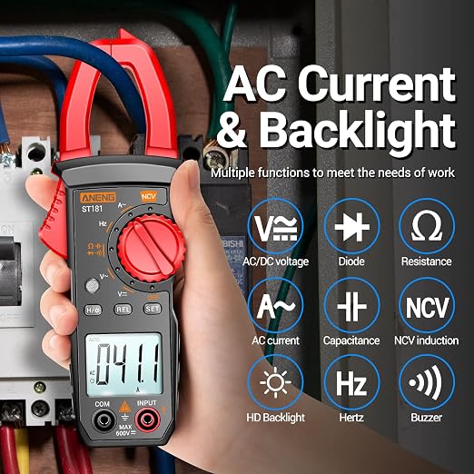 Multimeter with Clamp Meter,4000 Counts Amp Voltmeter & 2000 Counts Multi Tester,AC DC Voltage,Current,Resistance,Capacitance,NCV,Diode, Backlight LCD for Household Outlet Automotive Battery Test