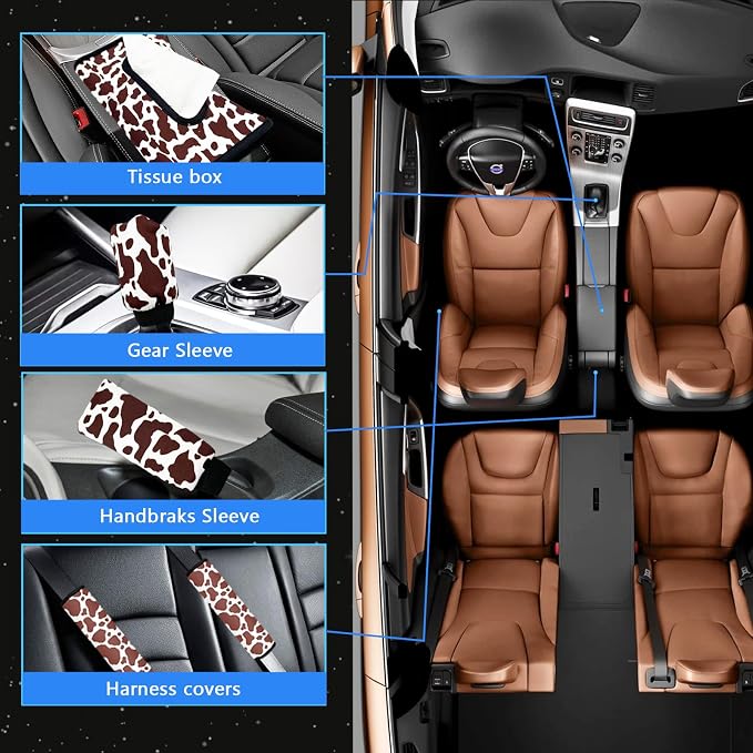 29 PCS Cow Pattern Car Accessories,Including Dashboard Decoration,Rearview Mirror Decoration,Etc,Suitable for Sedans,SUVS and Other Models,Cute Car Interior Sets Suitable for Women (Brown)