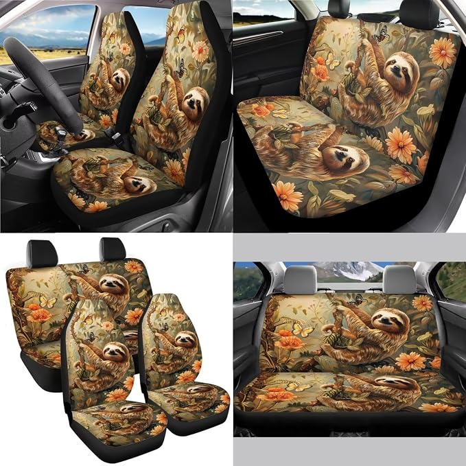 Sloth Butterfly Daisy Print 13 Pieces Car Interior Accessories, Auto Front and Rear Seat Cover Set of 4, 1 Comfort Steering Wheel Cover, 4 Soft Seat Belt Cover, 4 Cup Holder Coasters