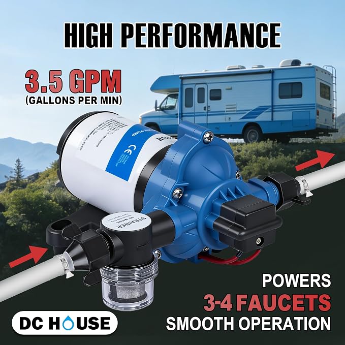 DC HOUSE 33 Series 12V RV Water Pump 3.5GPM 45PSI, 3-Chamber Diaphragm Pump with Built-in Pressure Switch, Quiet Self-Priming Demand Pump for Camper, Boat, Cabin, Off-Grid System