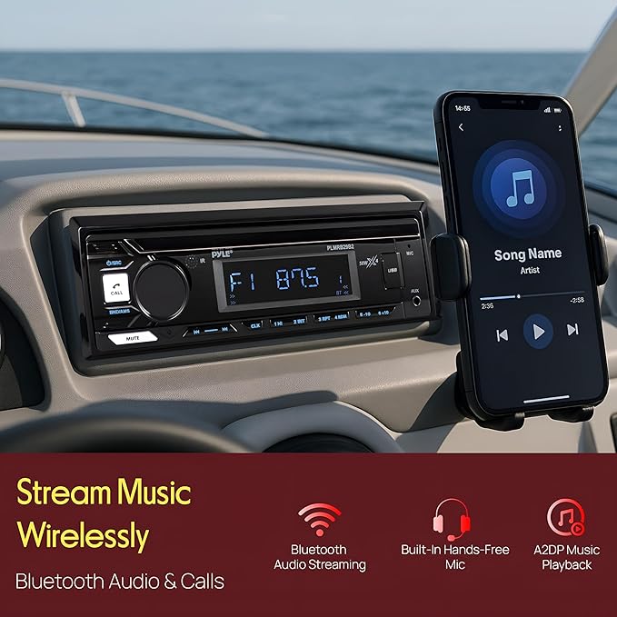 Pyle Marine Bluetooth Stereo Radio - 12v Single DIN Style Boat In dash Radio Receiver System with Built-in Mic, Digital LCD, RCA, MP3, USB, AM FM Radio - Remote Control - PLMRB29B (Black)