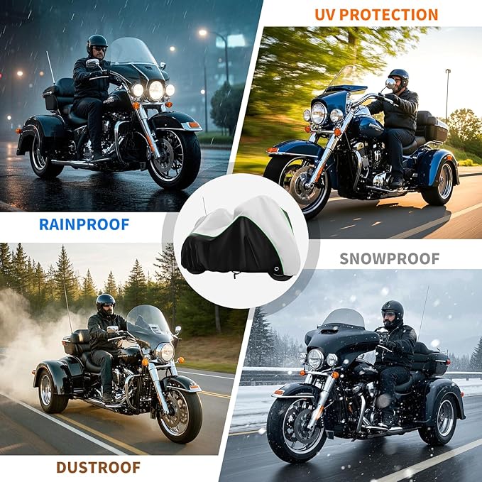 COVERVIN Trike Cover Waterproof, Heavy Duty 3 Wheel Motorcycle Cover for Harley Honda Goldwing Freewheeler Tri Glide Ultra, with Antenna Zipper, Windproof Buckles & Reflective Strips (Black&Silver)