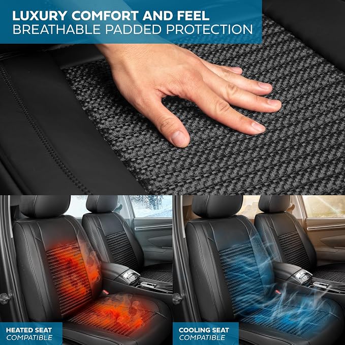 MotorBox Elite Edition Faux Leather & All Weather Wicker Seat Covers for Cars, Trucks, & SUV - 2 Black Car Seat Covers for Front Seats - Universal Fit Car Accessories Automotive Interior Protector