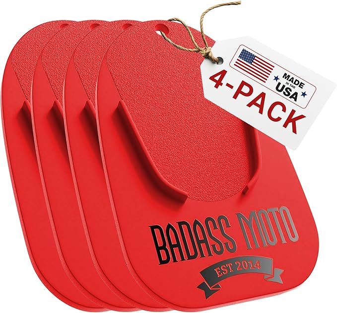 Badass Moto Motorcycle Kickstand Pad - Kick Stand Puck, Coaster Plate for Harley Davidson, Touring & Sport Bikes - Motorcycle Accessories for Grass, Dirt, Hot Pavement Parking Pad - Red(4-Pack)